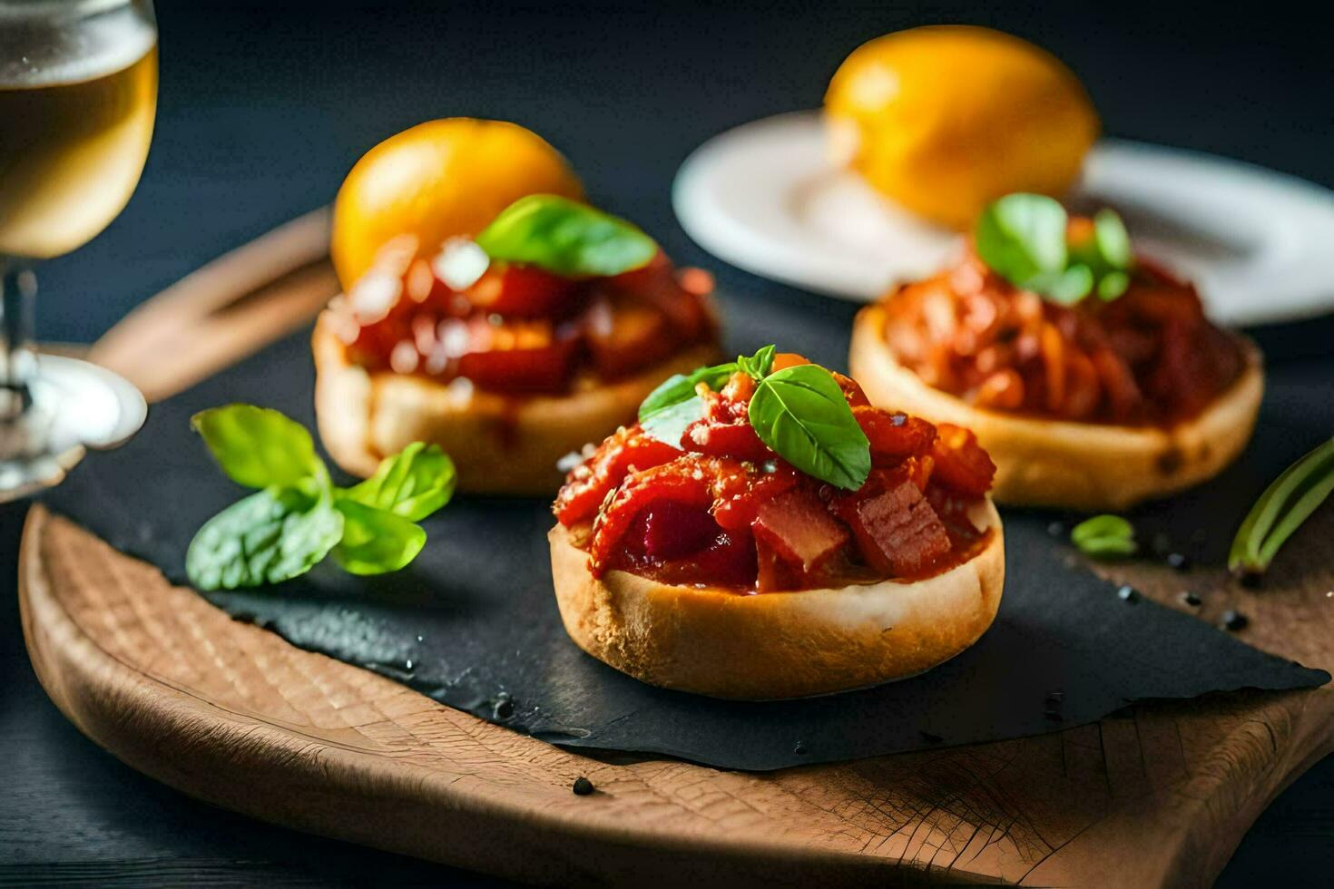 pequeno pão com tomate molho e ervas em uma corte borda. gerado por IA foto