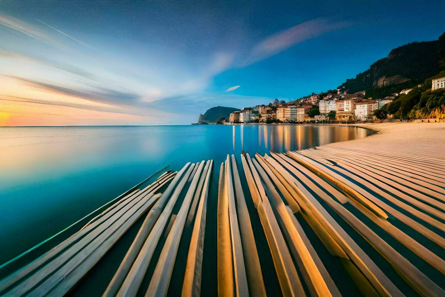 uma grandes exposição fotografia do uma de praia às pôr do sol. gerado por IA foto