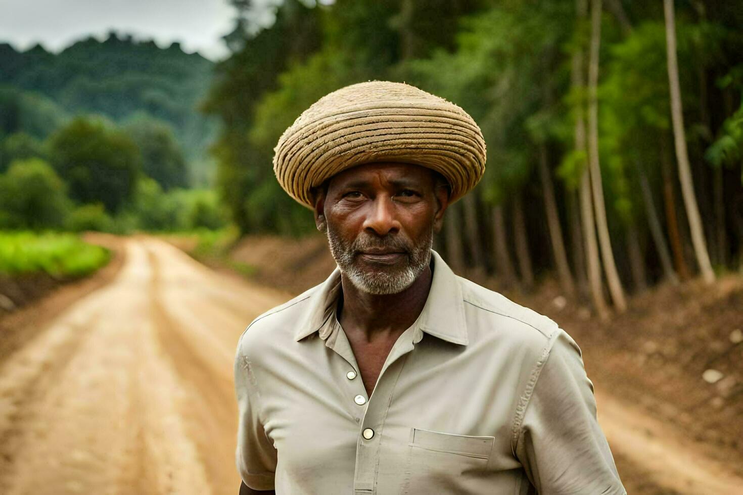 uma homem vestindo uma Palha chapéu em uma sujeira estrada. gerado por IA foto