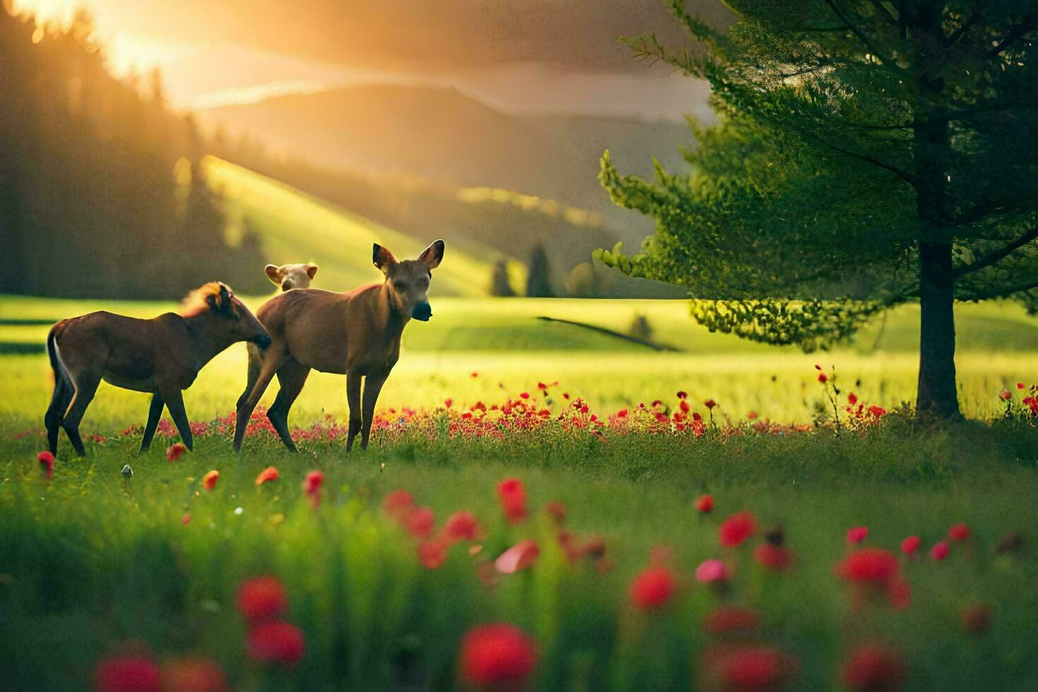 dois cavalos estão em pé dentro uma campo com flores gerado por IA foto