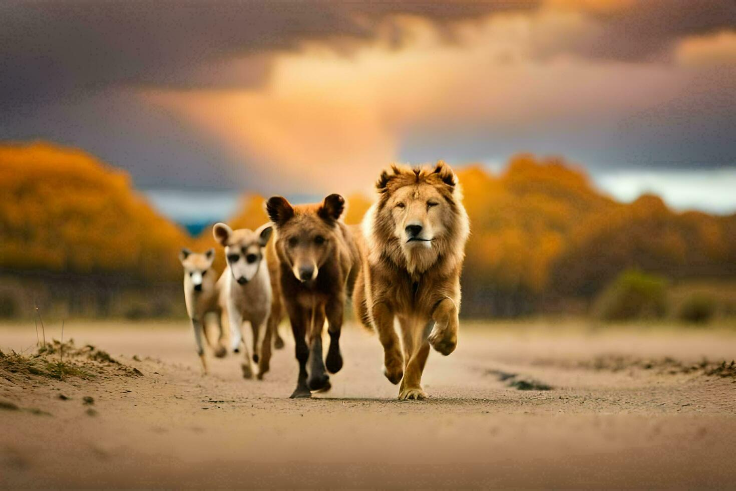 três leões corrida dentro a deserto com uma pôr do sol dentro a fundo. gerado por IA foto