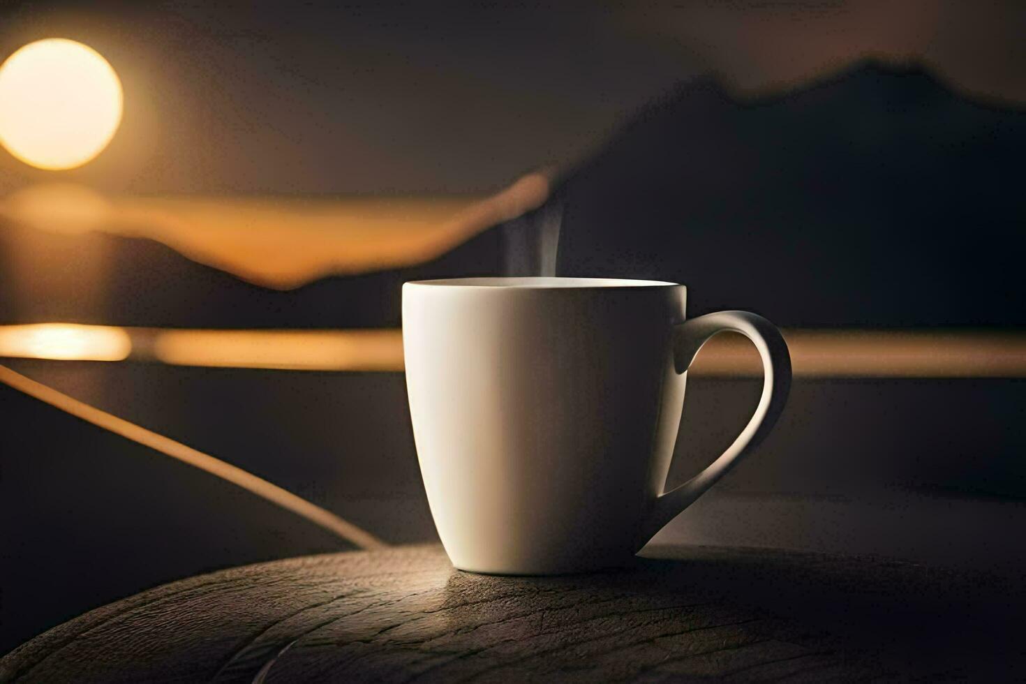 café caneca em uma de madeira mesa com a Sol configuração atrás isto. gerado por IA foto