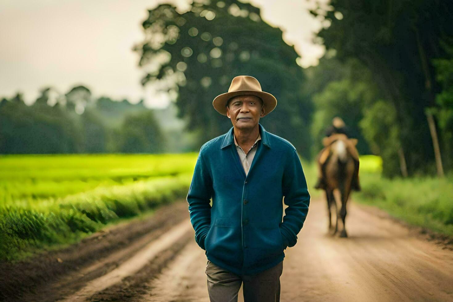 uma homem dentro uma chapéu caminhando baixa uma sujeira estrada com uma cavalo atrás ele. gerado por IA foto