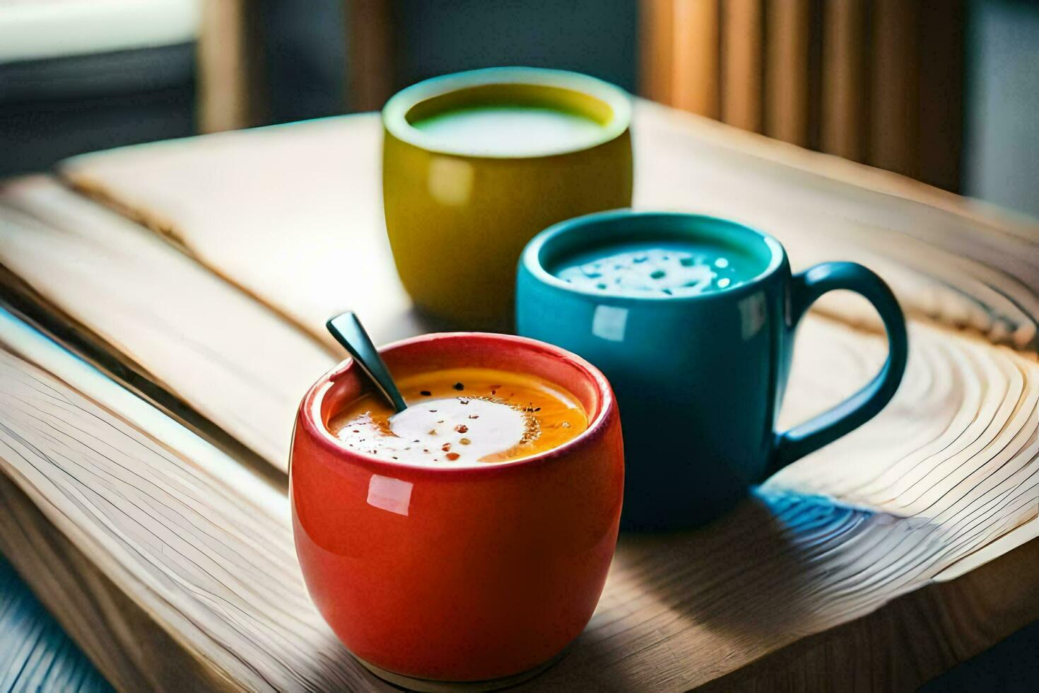 três colorida copos do café em uma de madeira mesa. gerado por IA foto