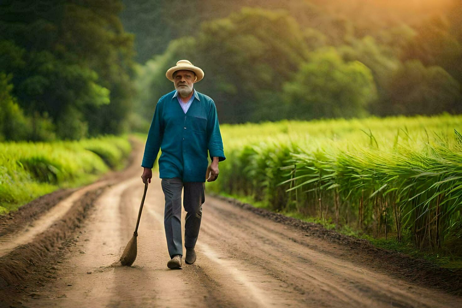 a velho homem caminhando baixa uma sujeira estrada com uma ancinho. gerado por IA foto