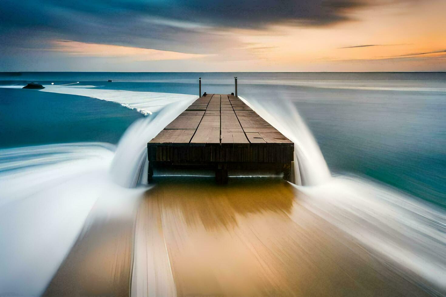 uma grandes exposição fotografia do uma doca dentro a oceano. gerado por IA foto