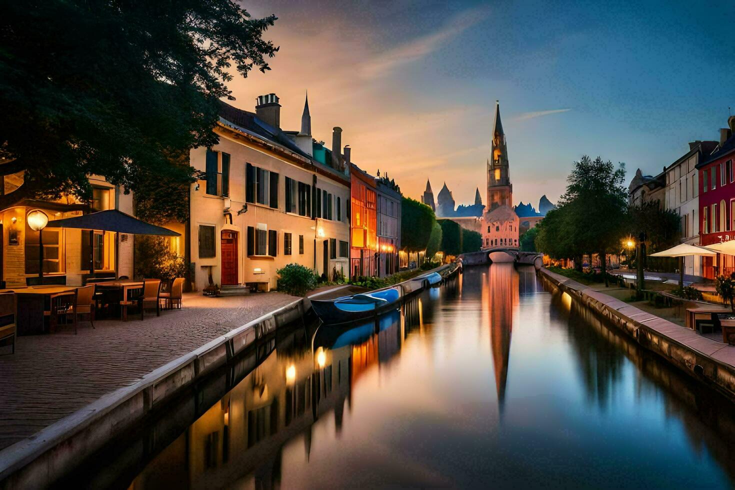 uma canal dentro Bruges, Bélgica. gerado por IA foto