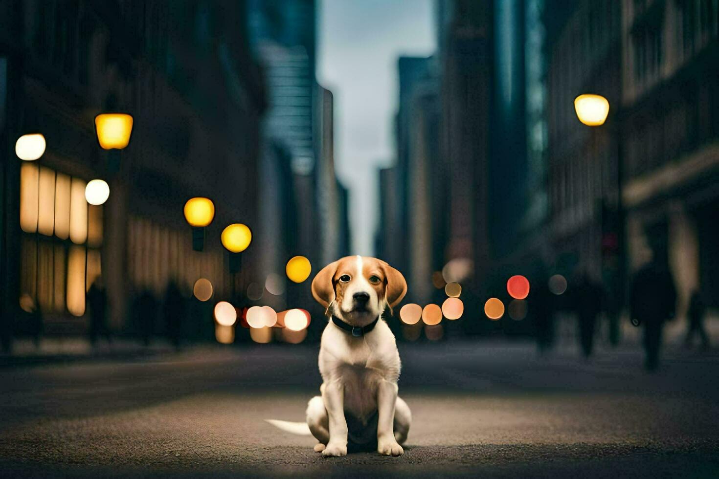 uma cachorro sentado em a rua dentro uma cidade. gerado por IA foto