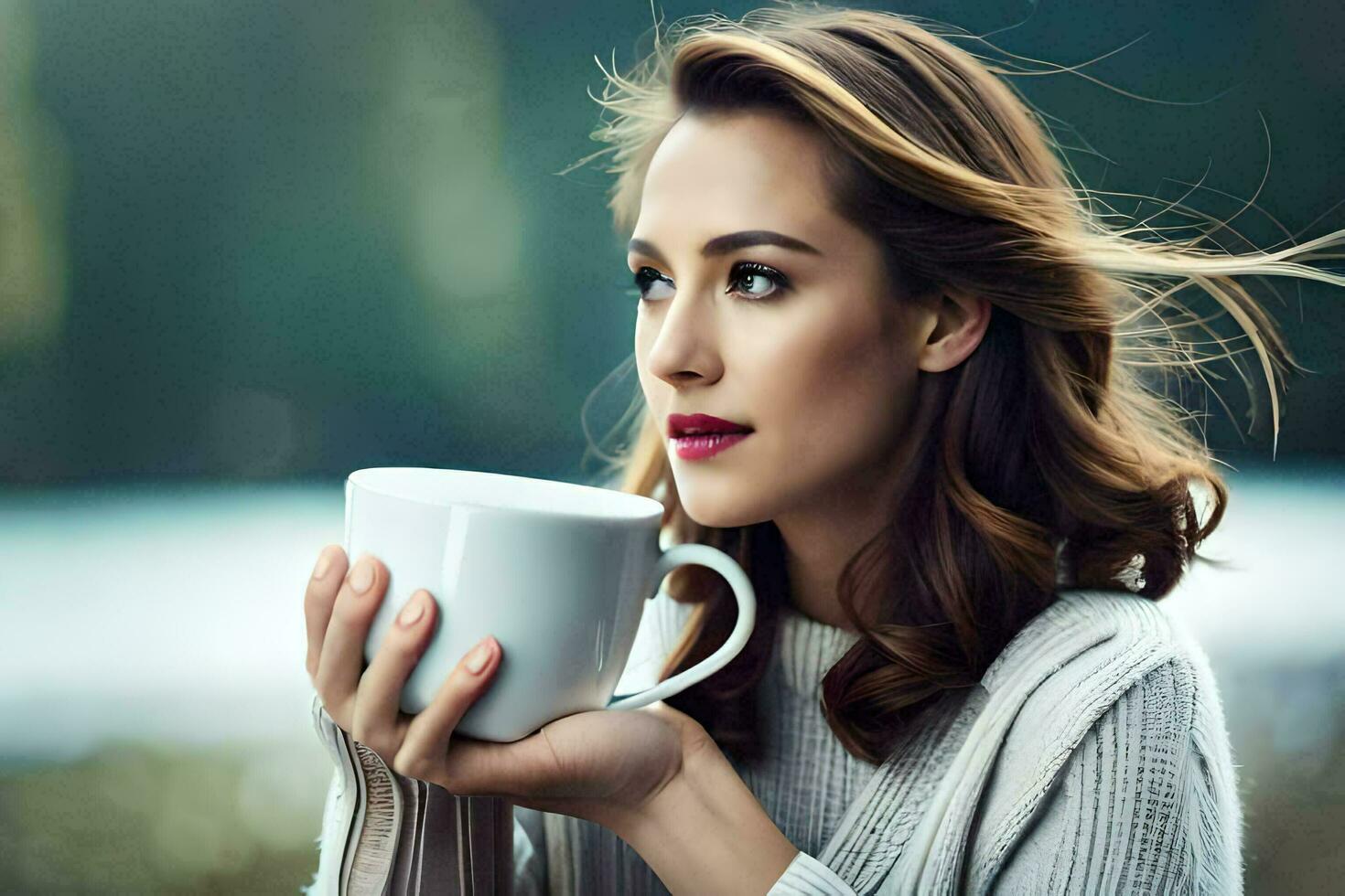 uma mulher é segurando uma copo do café. gerado por IA foto