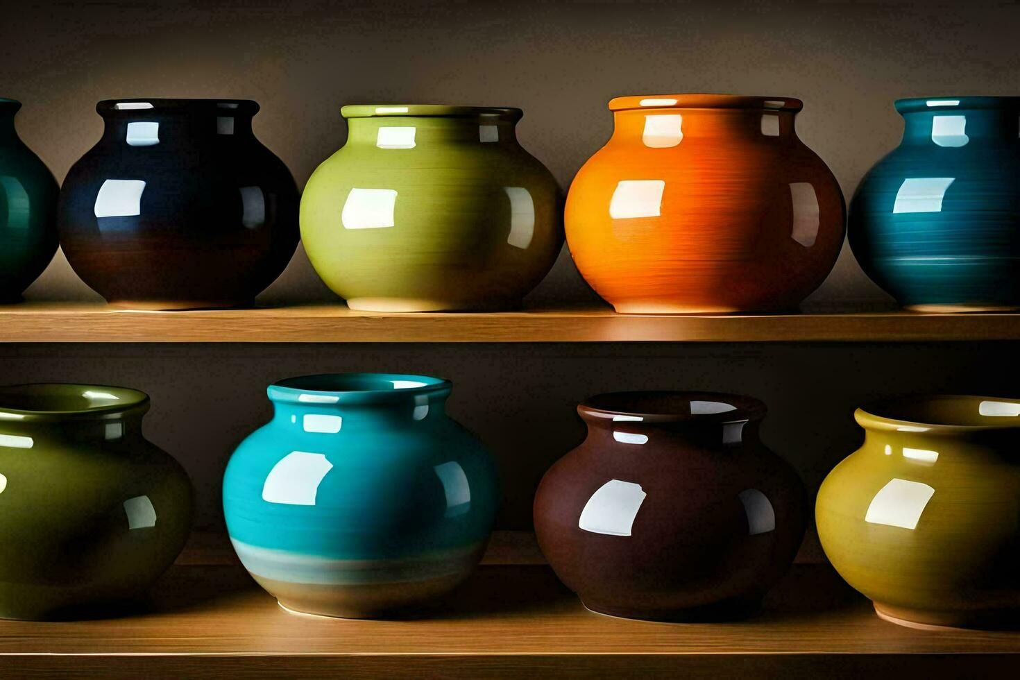 uma linha do colorida vasos em uma prateleira. gerado por IA foto