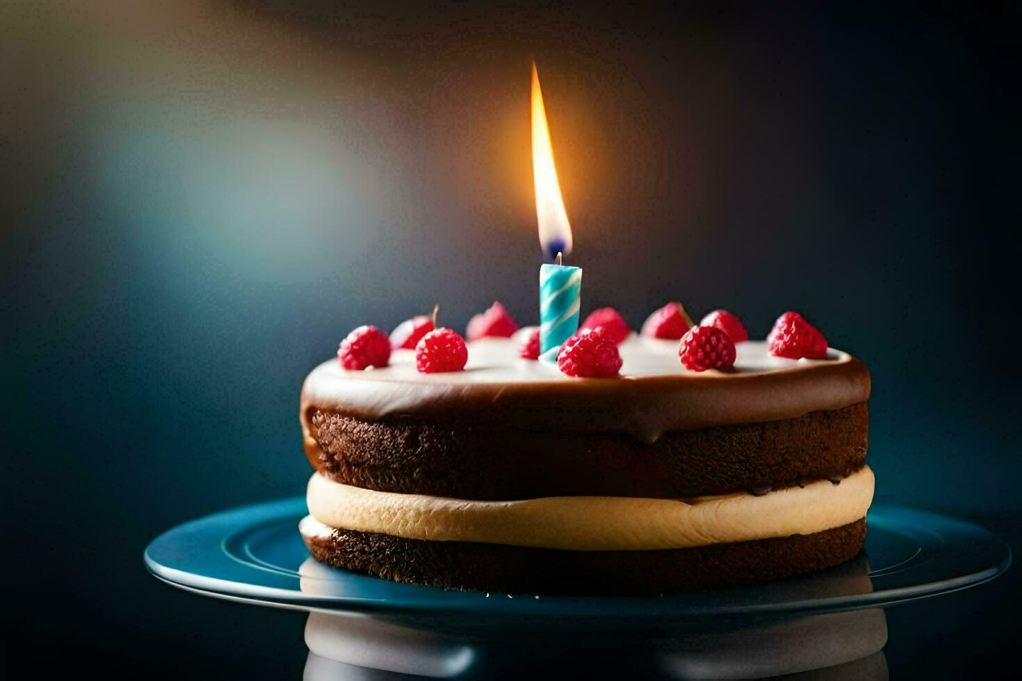 uma chocolate bolo com uma solteiro vela em topo. gerado por IA foto