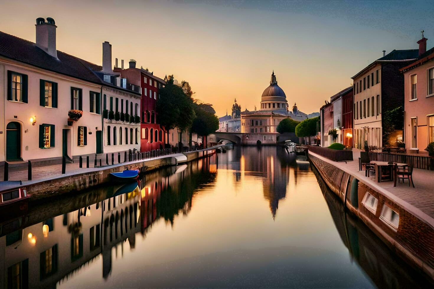 uma canal com edifícios e uma Igreja às pôr do sol. gerado por IA foto