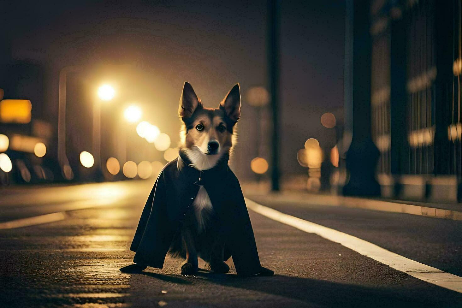 uma cachorro vestido dentro uma capa em pé em a rua às noite. gerado por IA foto