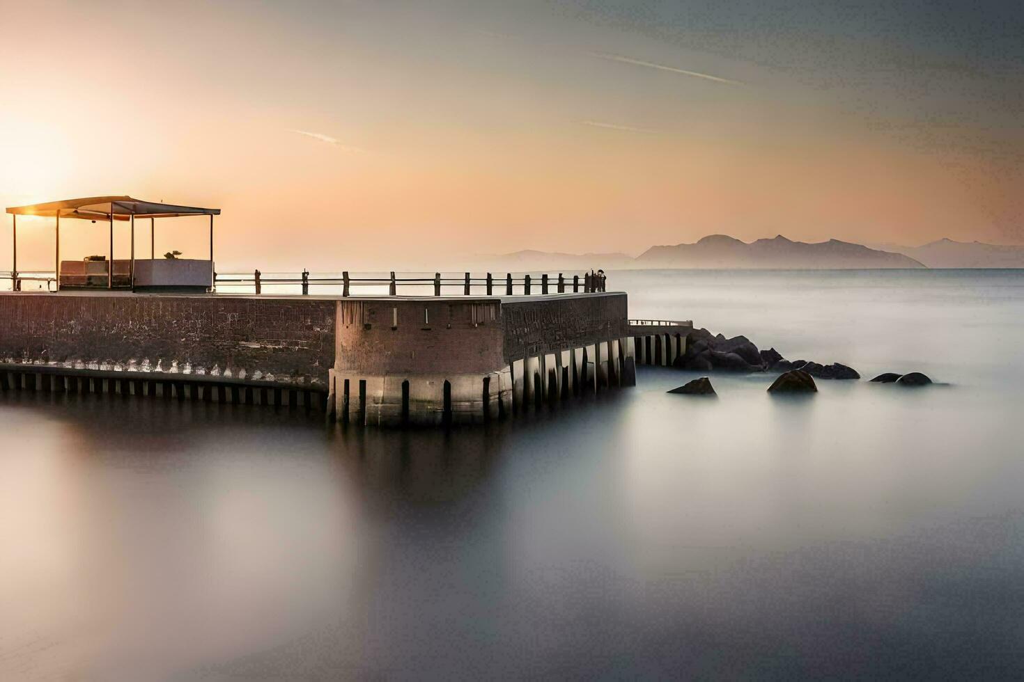 uma cais com uma gazebo em a água às pôr do sol. gerado por IA foto