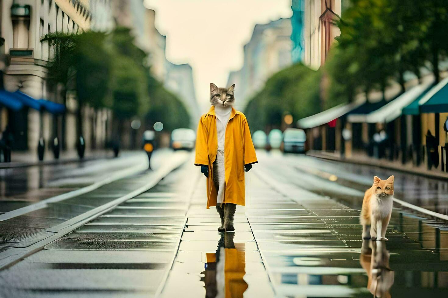 uma Raposa dentro uma amarelo casaco caminhando em uma cidade rua. gerado por IA foto