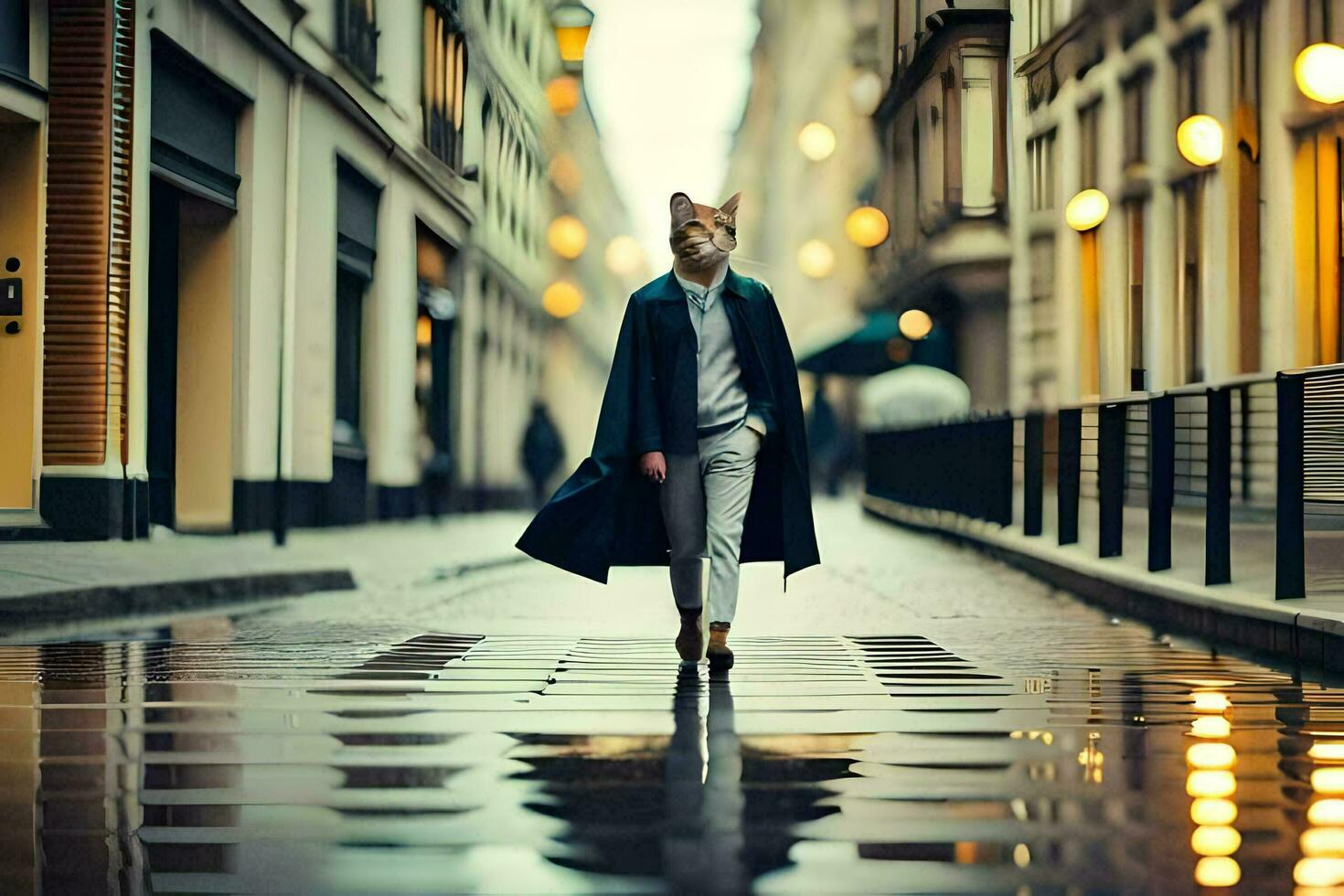 uma homem dentro uma casaco caminhando baixa uma rua. gerado por IA foto