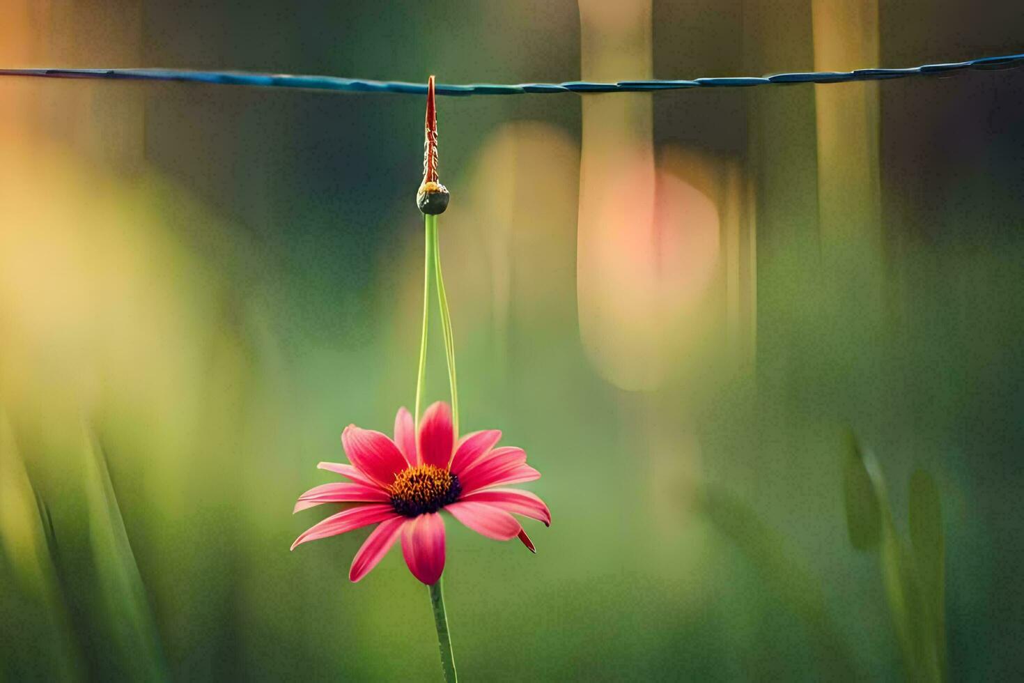 uma Rosa flor suspensão a partir de uma arame. gerado por IA foto