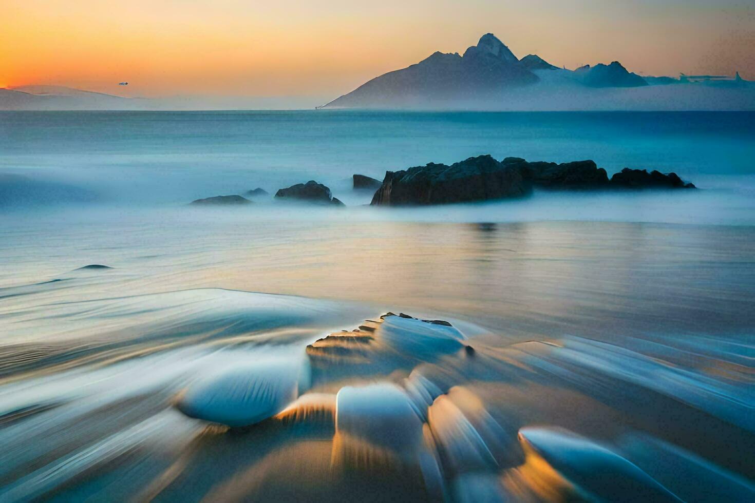 a Sol conjuntos sobre a oceano e montanhas. gerado por IA foto