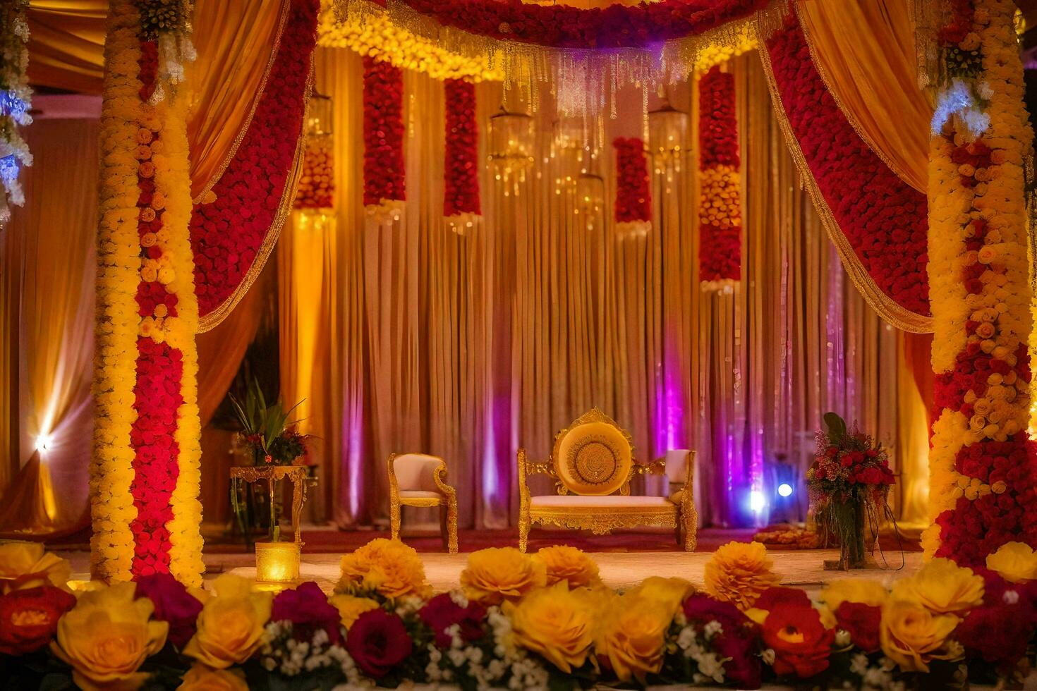 uma Casamento etapa decorado com amarelo e vermelho flores gerado por IA foto