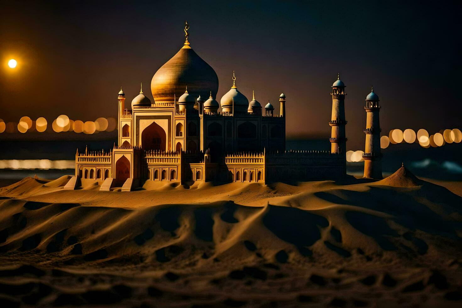 uma areia castelo dentro a deserto às noite. gerado por IA foto