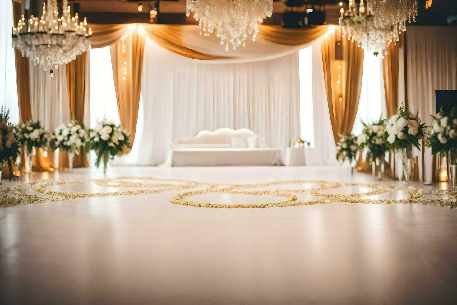 uma Casamento cerimônia com ouro e branco decoração. gerado por IA foto