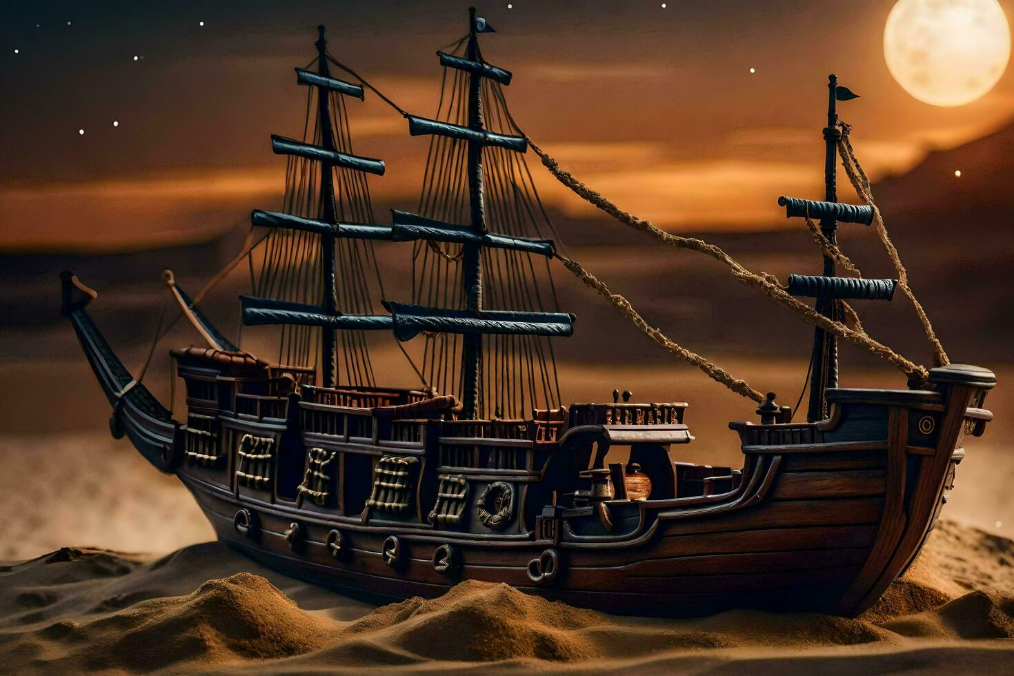 uma pirata navio dentro a areia às noite. gerado por IA foto