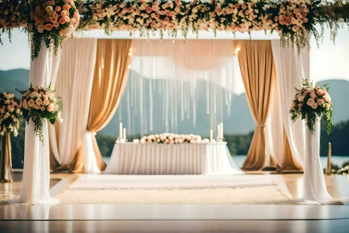 uma Casamento cerimônia com flores e cortinas. gerado por IA foto