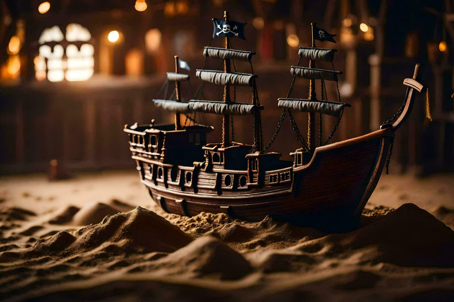 uma modelo do uma pirata navio dentro uma arenoso área. gerado por IA foto
