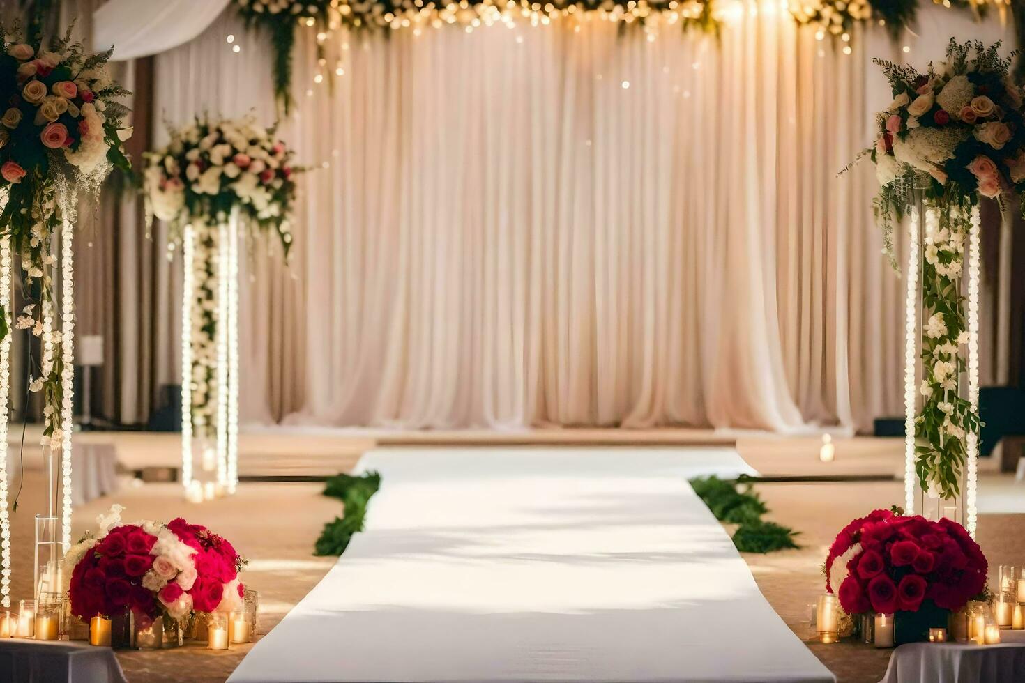 uma Casamento cerimônia com uma branco corredor e vermelho flores gerado por IA foto