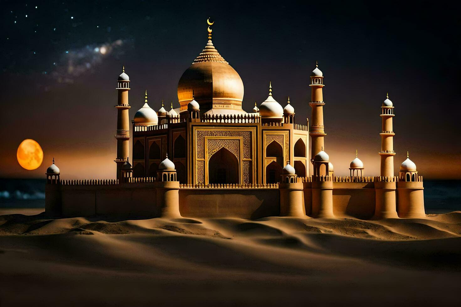 a taj mahal dentro a deserto às noite. gerado por IA foto