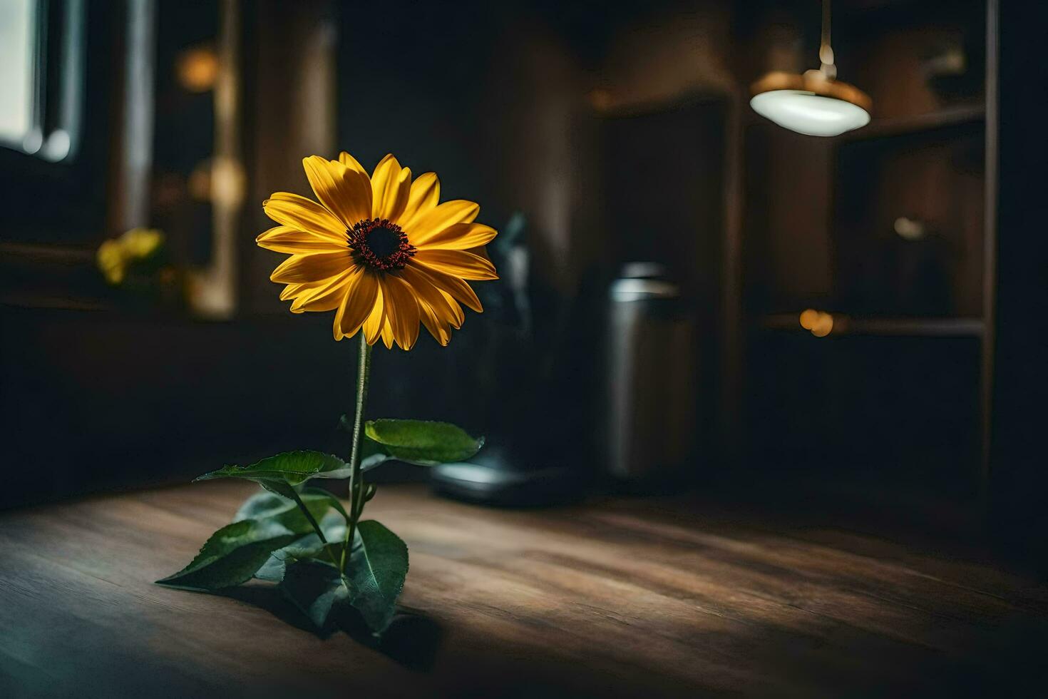 uma solteiro amarelo flor senta em uma de madeira mesa dentro frente do uma janela. gerado por IA foto