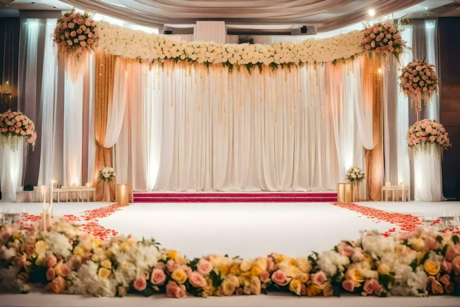 uma Casamento etapa com flores e decorações. gerado por IA foto
