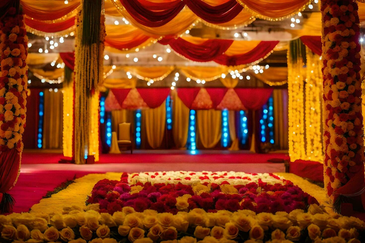 uma Casamento etapa decorado com vermelho e amarelo flores gerado por IA foto