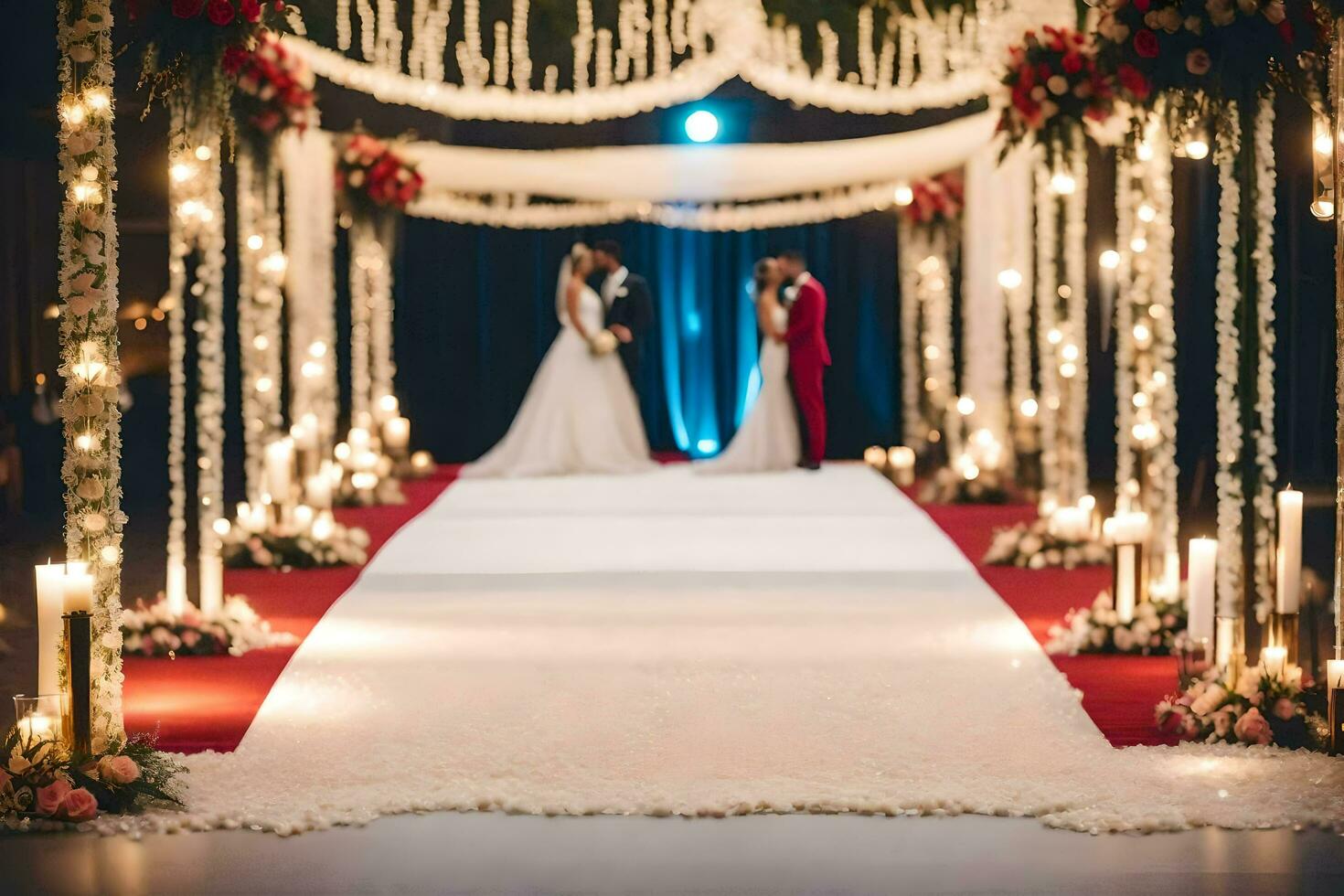 uma Casamento cerimônia com uma branco tapete e velas. gerado por IA foto