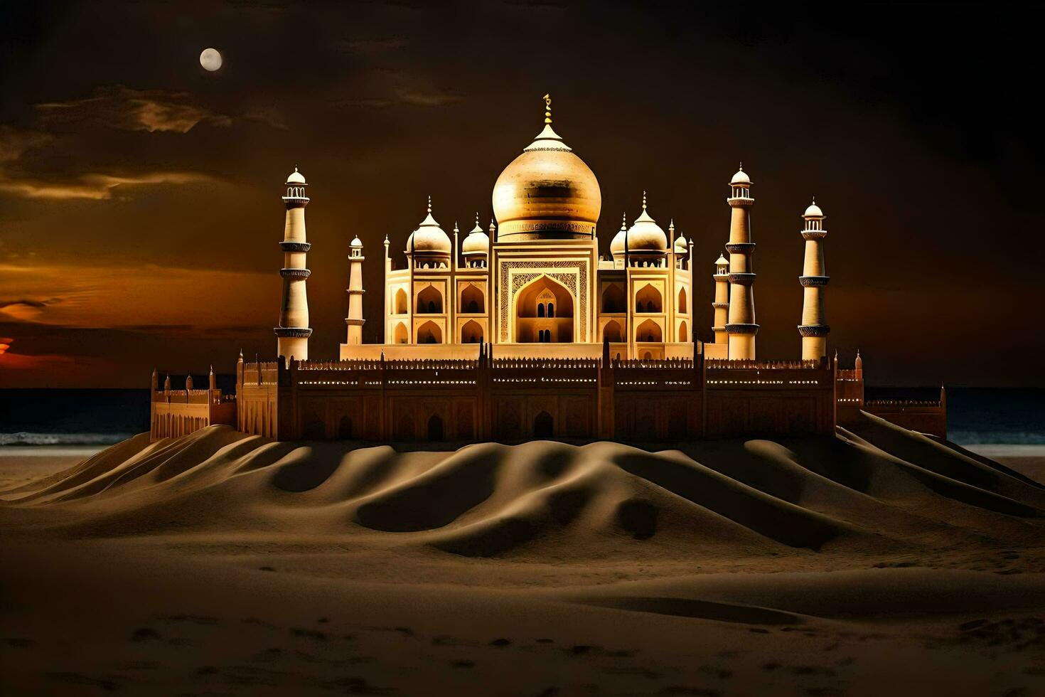 a taj mahal é uma lindo dourado construção dentro a deserto. gerado por IA foto