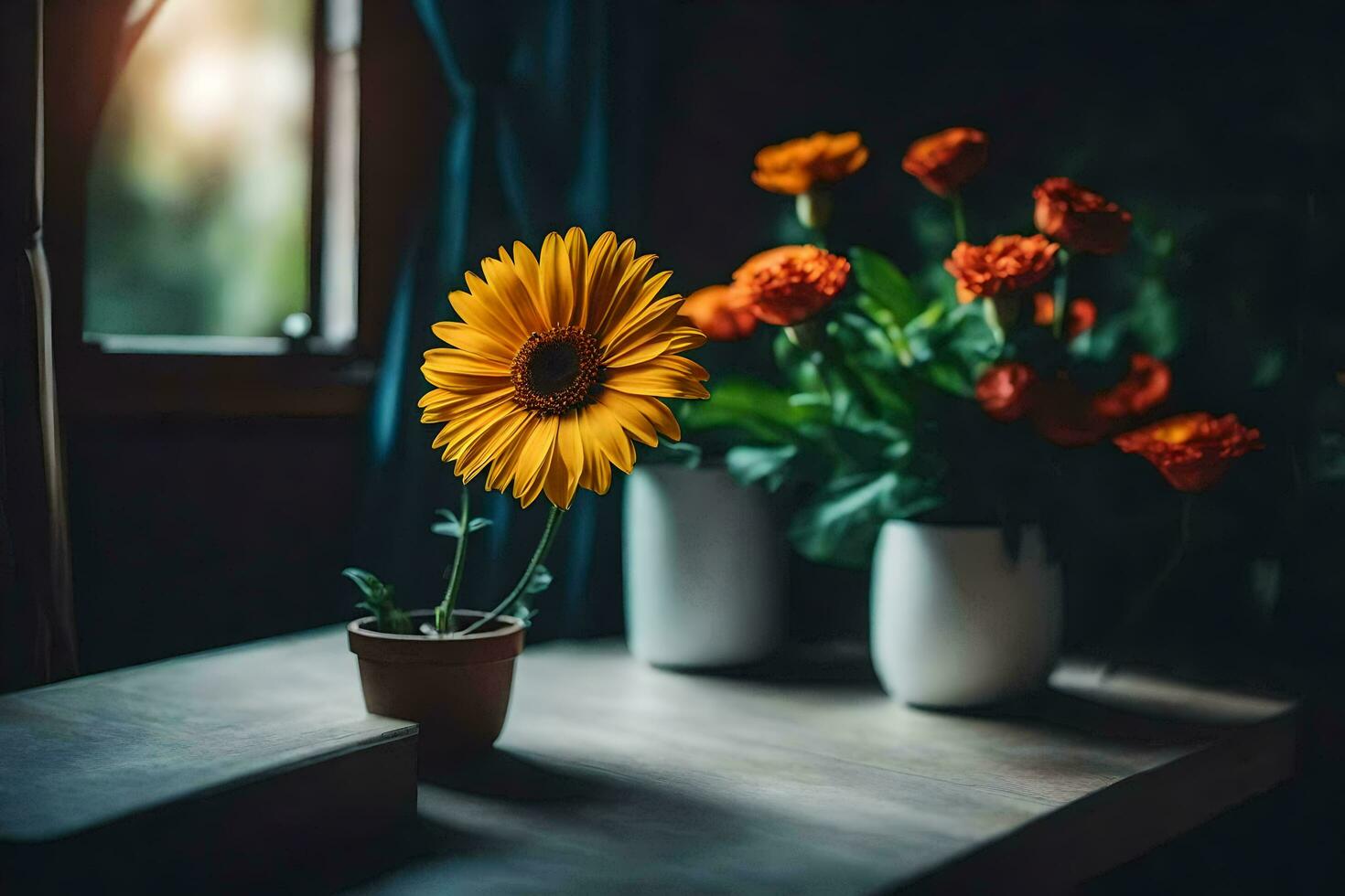 uma amarelo flor senta dentro uma vaso em uma mesa. gerado por IA foto
