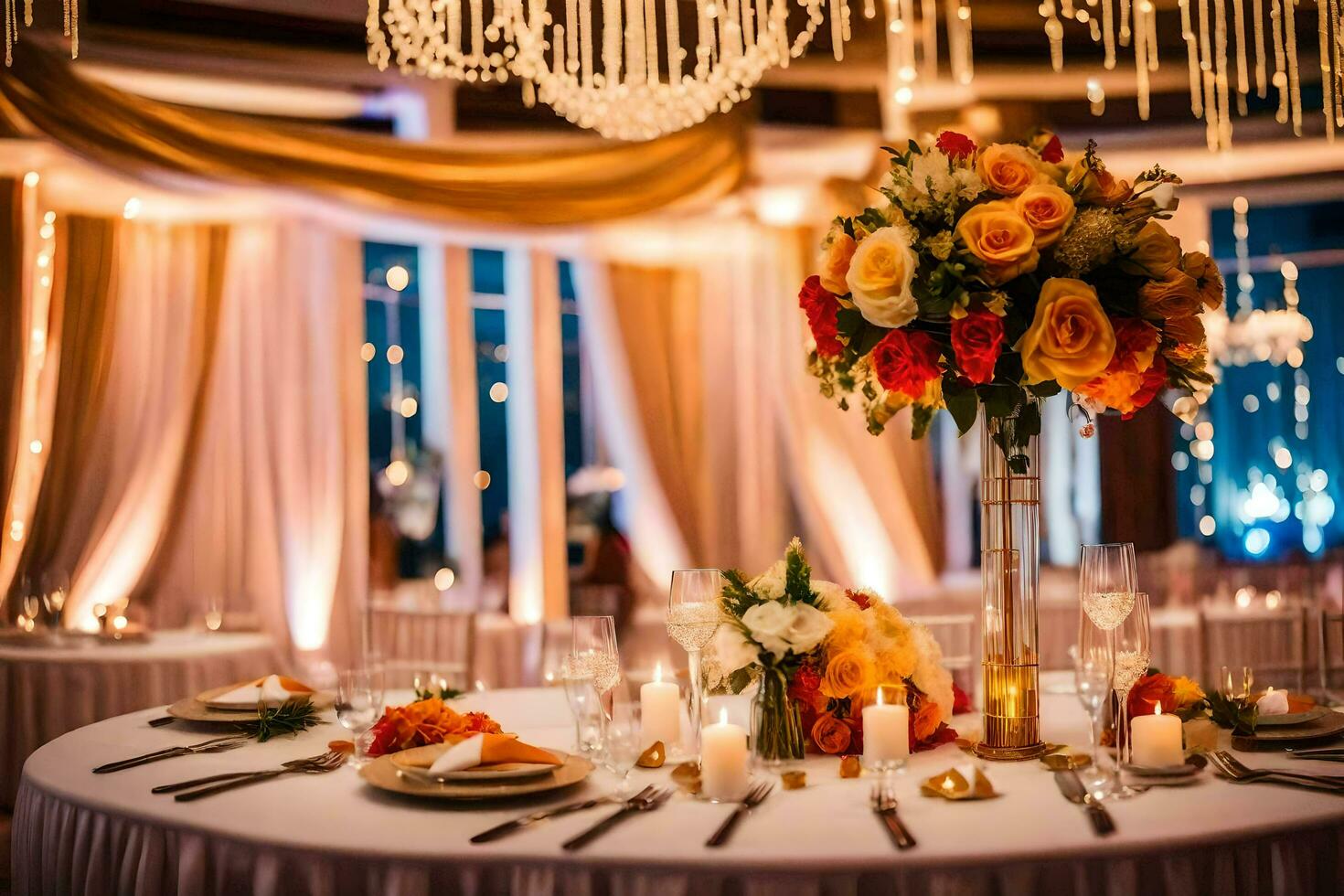 uma Casamento recepção mesa com uma lustre e laranja e ouro flores gerado por IA foto