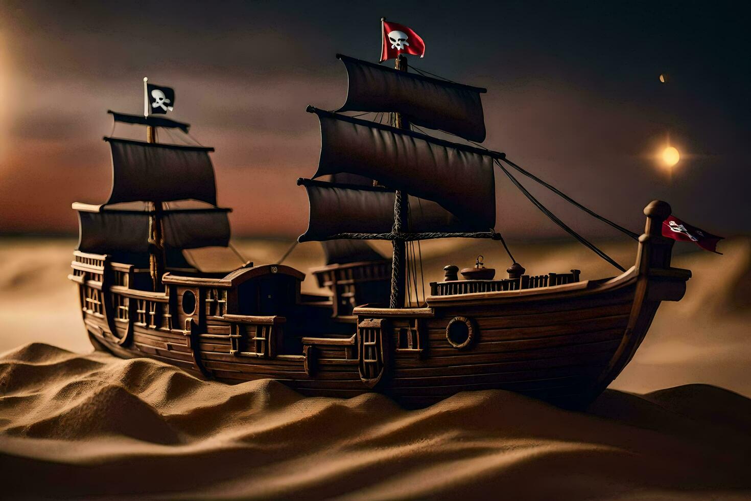 uma pirata navio dentro a deserto. gerado por IA foto