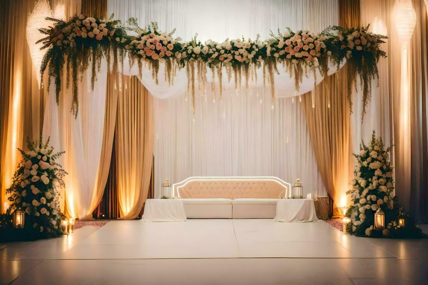 a elegante Casamento etapa com uma branco sofá e flores gerado por IA foto