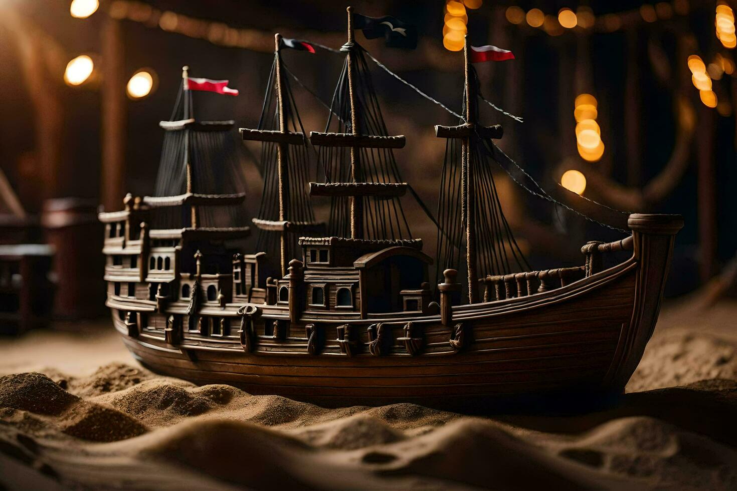 uma de madeira modelo do uma pirata navio dentro a areia. gerado por IA foto