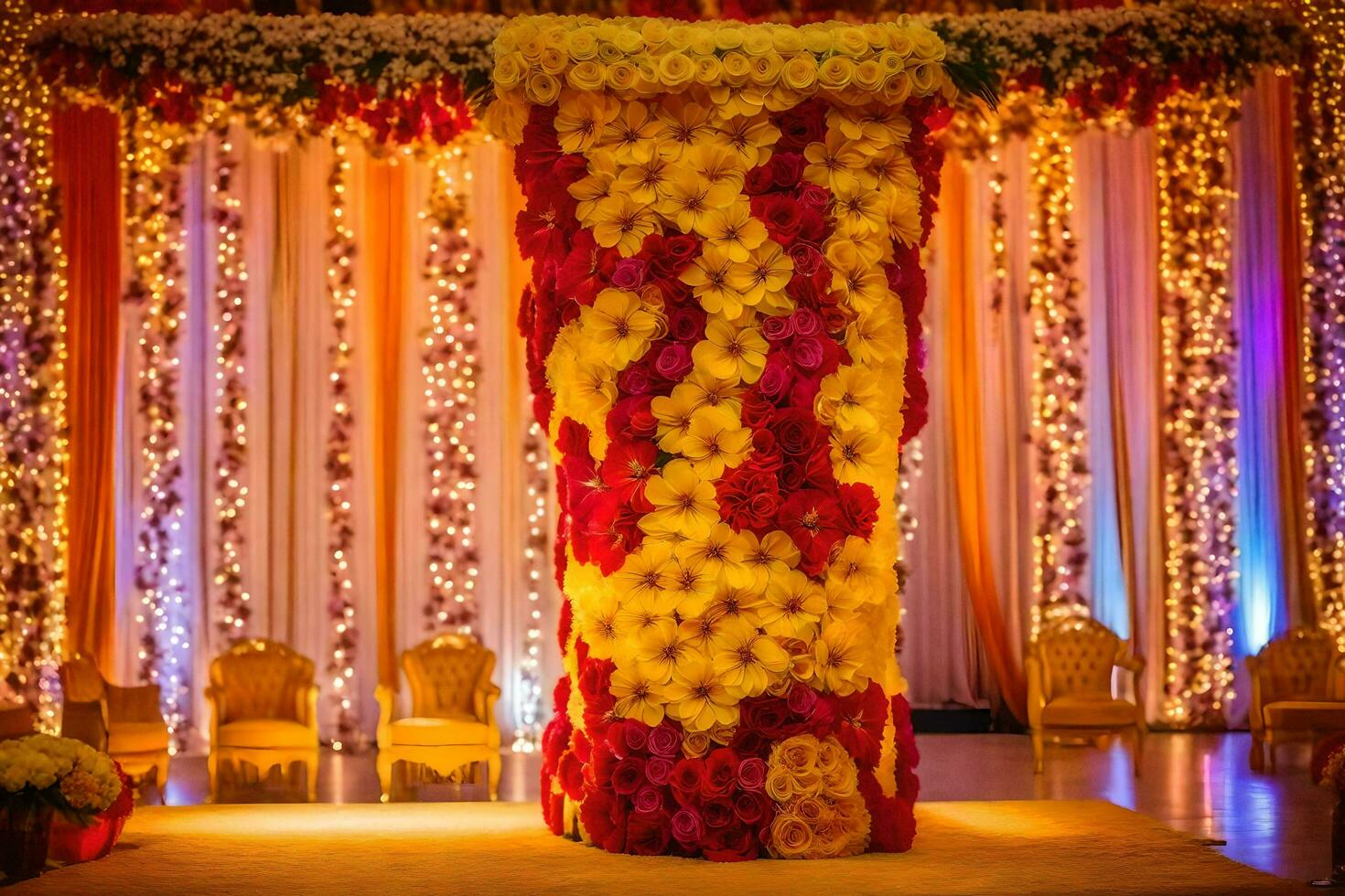 uma colorida Casamento etapa decorado com flores e luzes. gerado por IA foto