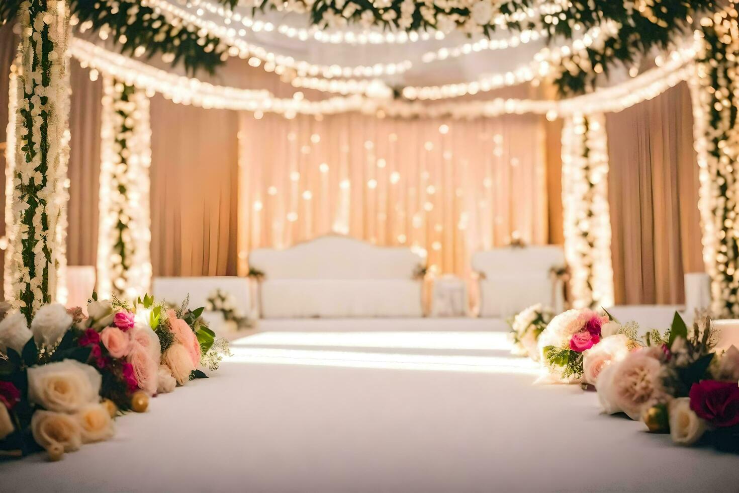 uma Casamento cerimônia com flores e luzes. gerado por IA foto