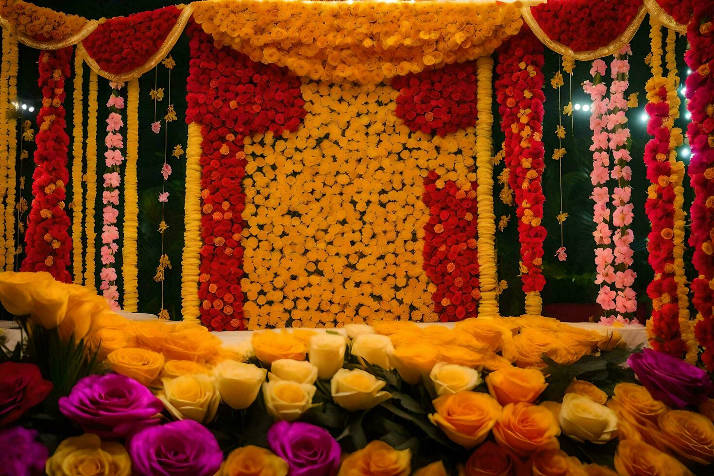uma colorida Casamento etapa com flores e guirlandas. gerado por IA foto