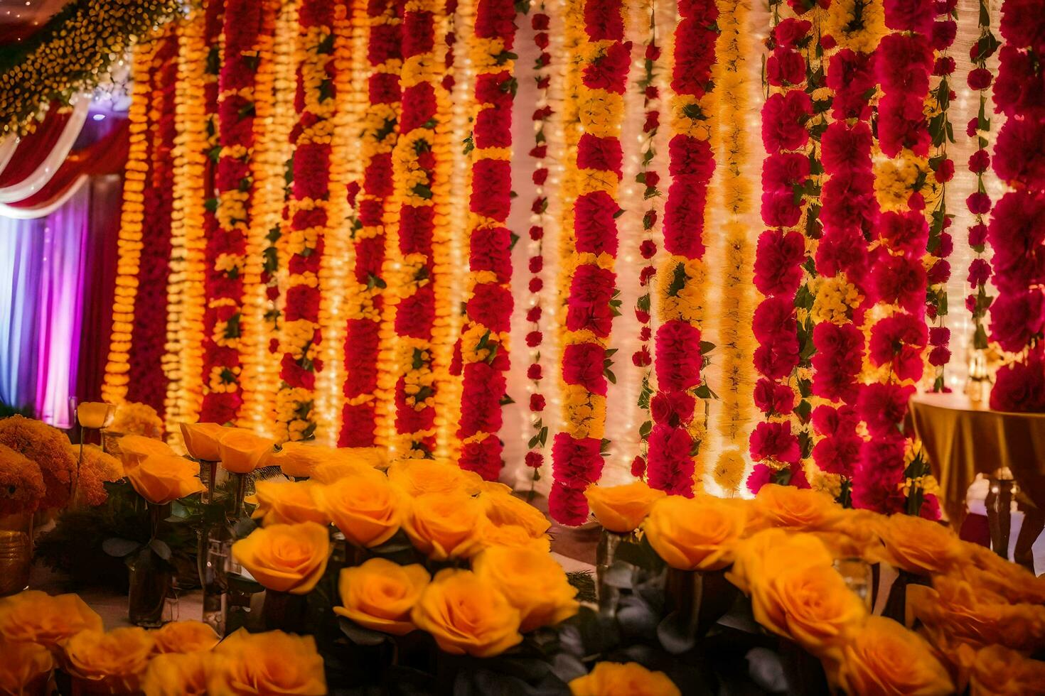 uma Casamento recepção com flores e guirlandas. gerado por IA foto
