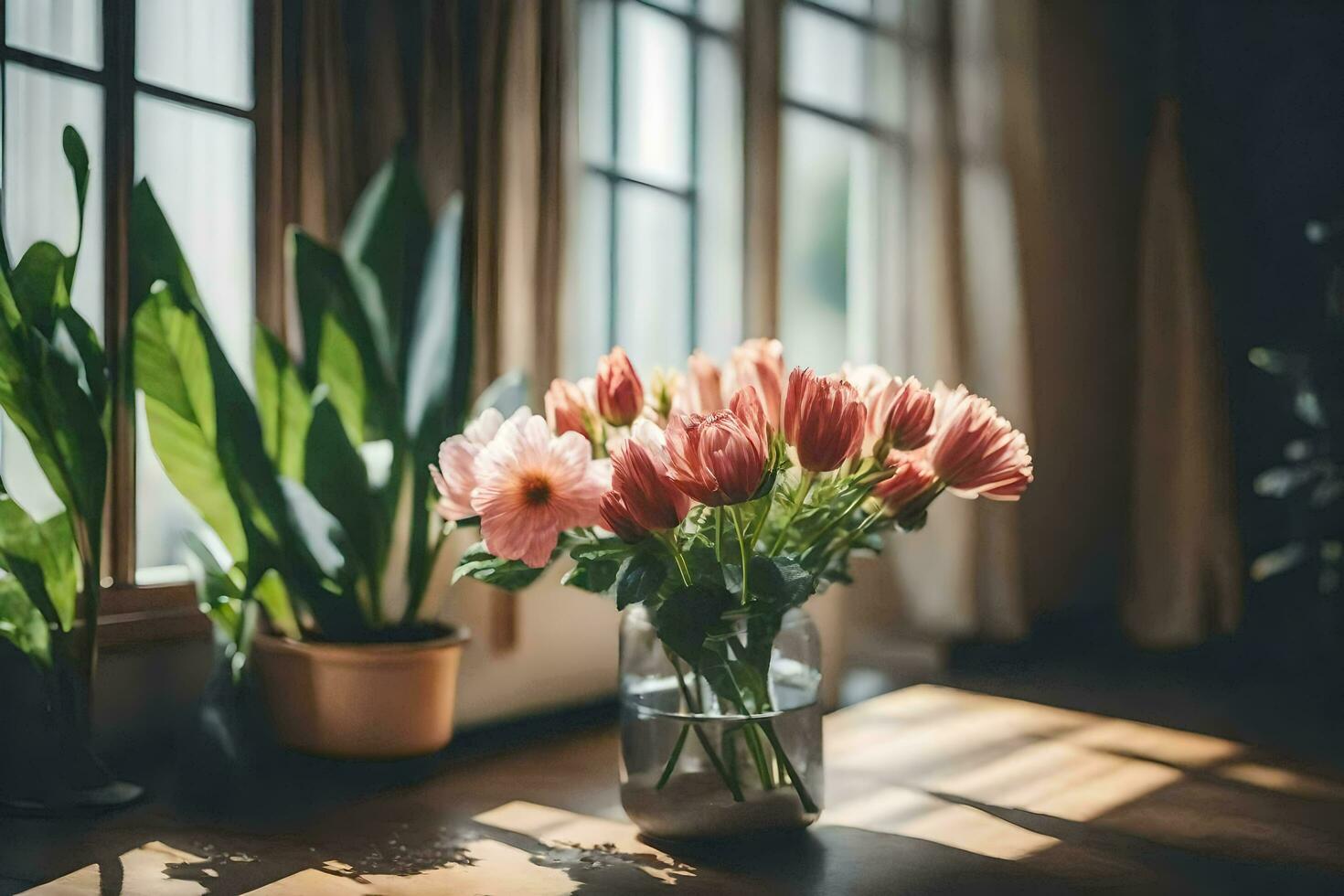 Rosa flores dentro uma vaso em uma mesa perto uma janela. gerado por IA foto