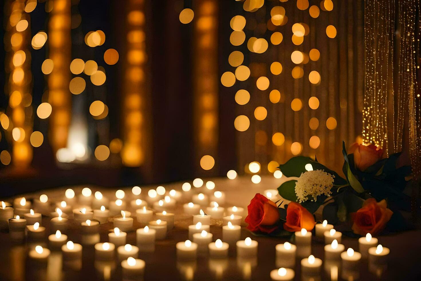 velas e flores estão arranjado dentro frente do uma muro. gerado por IA foto