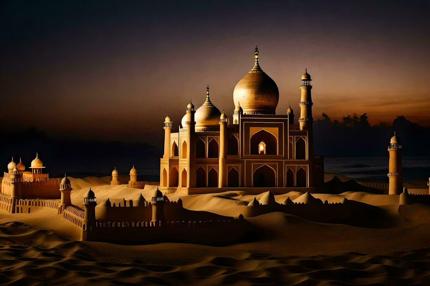 uma areia castelo dentro a deserto às pôr do sol. gerado por IA foto