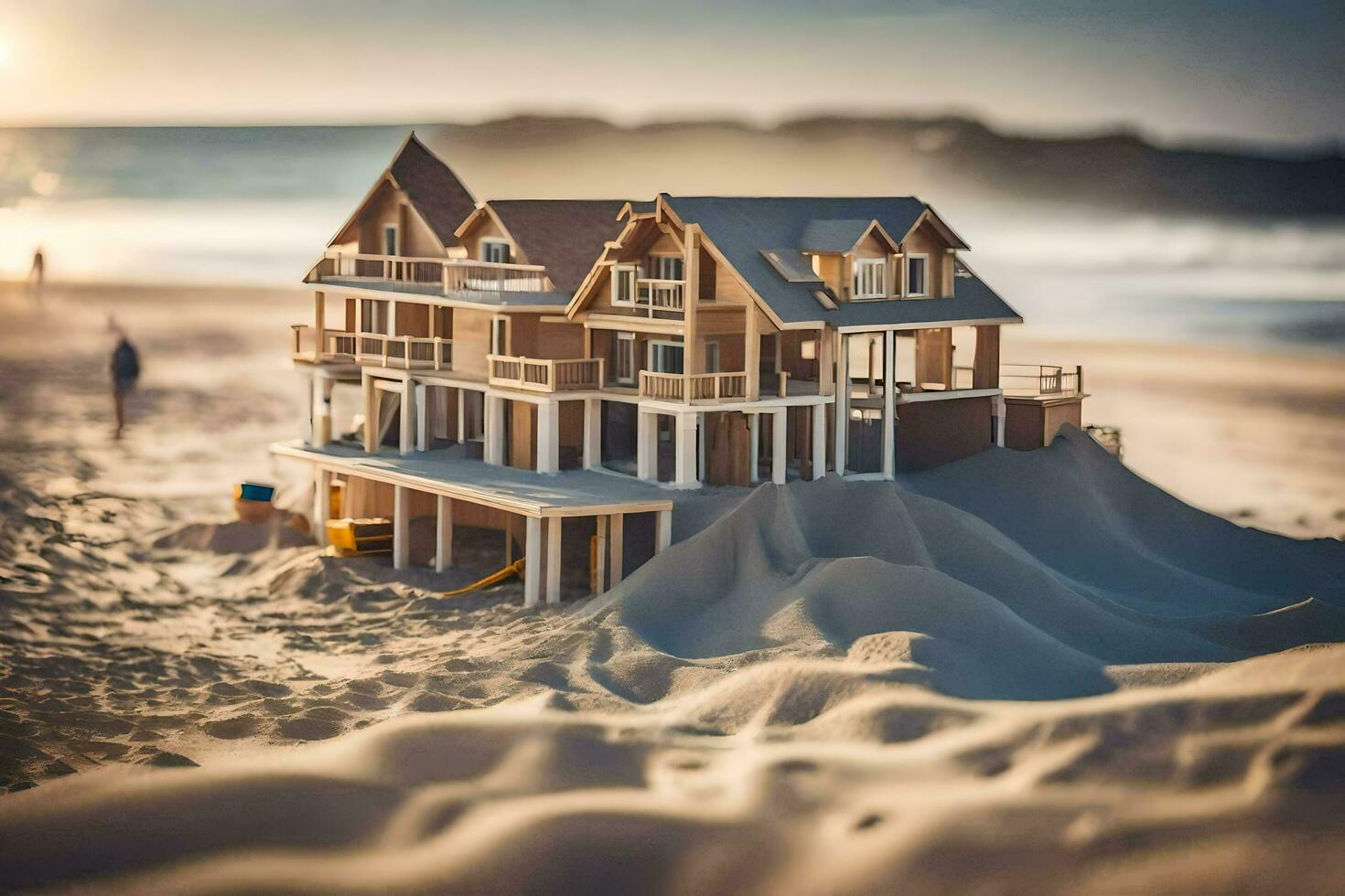 uma miniatura casa em a de praia com areia. gerado por IA foto