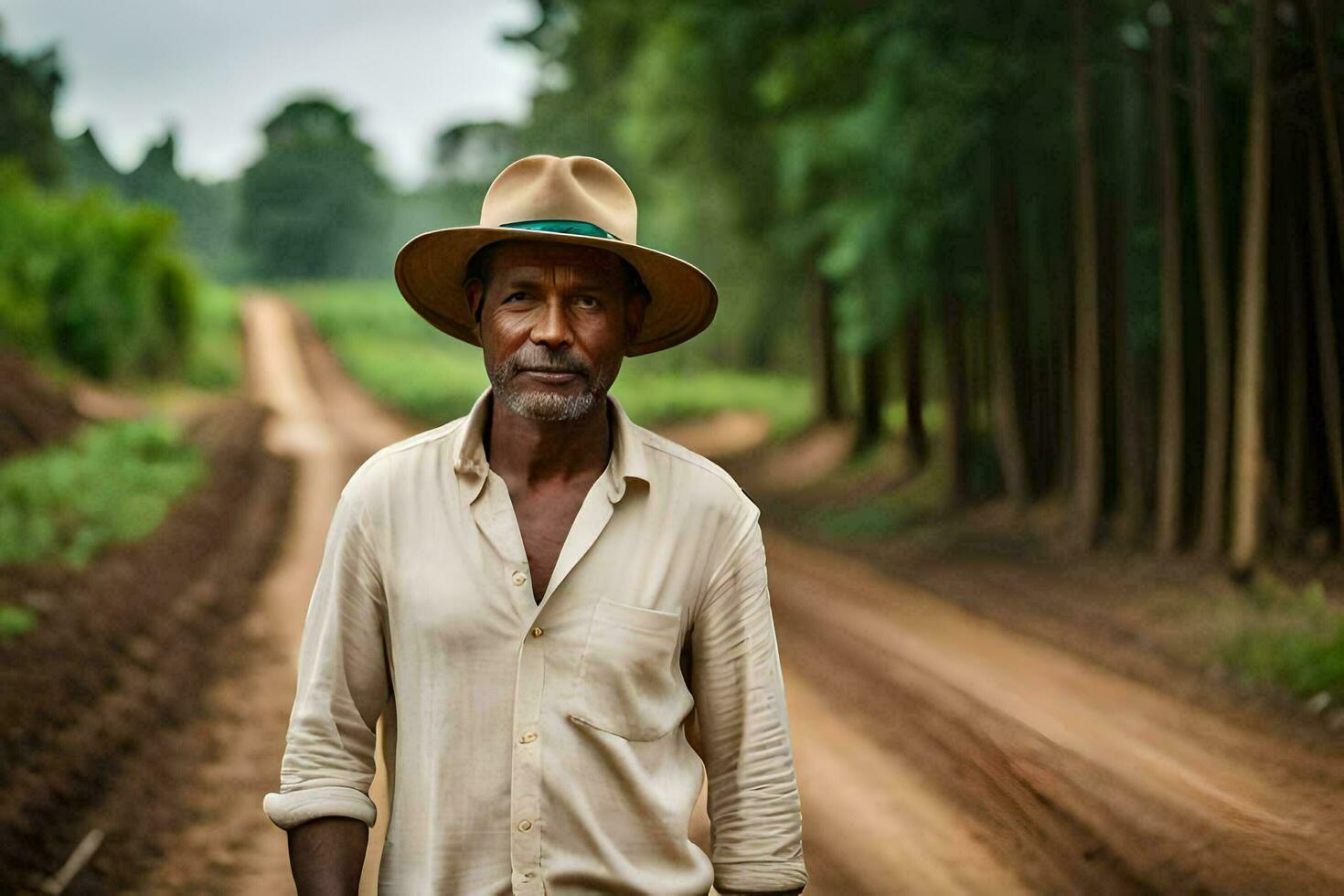 uma homem dentro uma chapéu em pé em uma sujeira estrada. gerado por IA foto