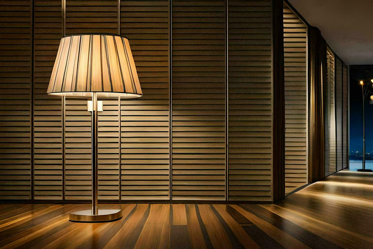 uma luminária é em uma de madeira chão dentro uma corredor. gerado por IA foto